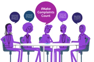 People sitting around a table discussing complaints and saying "Make complaints count"